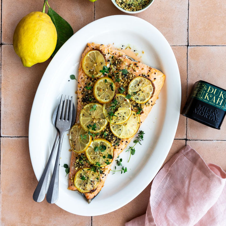 Baked Salmon with Lemon and Green Dukkah