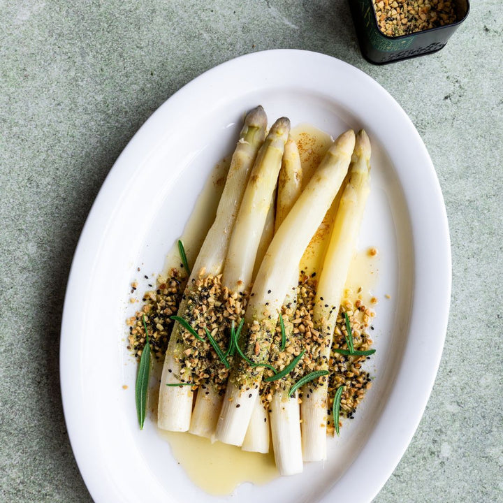 White Asparagus with Browned Butter and Green Dukkah