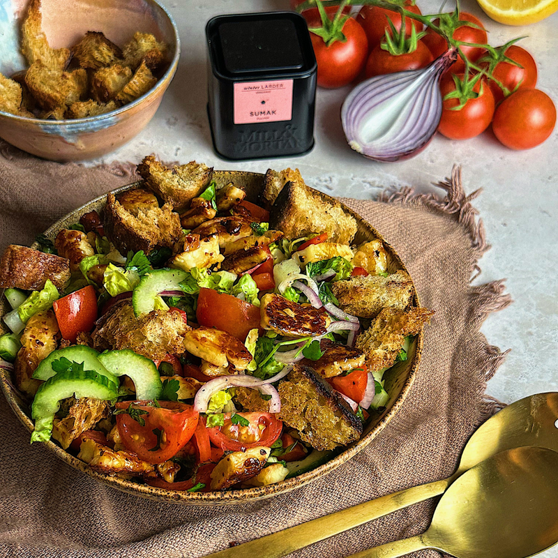 Fattoush with Halloumi, Crispy Croutons and Sumac