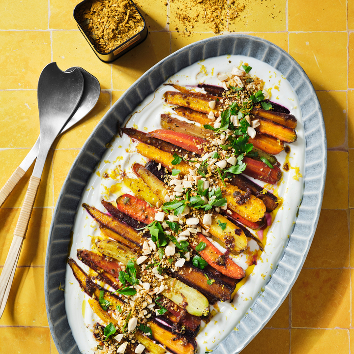 Oven-Baked Vadouvan Carrots with Lemon Yoghurt and Crunchy Topping
