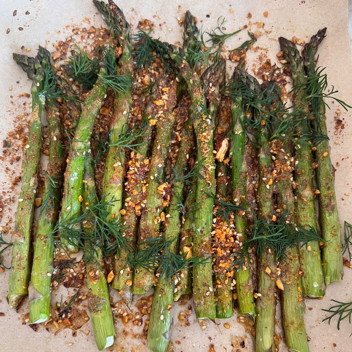 Grilled Green Asparagus with Lemon and Red Dukkah