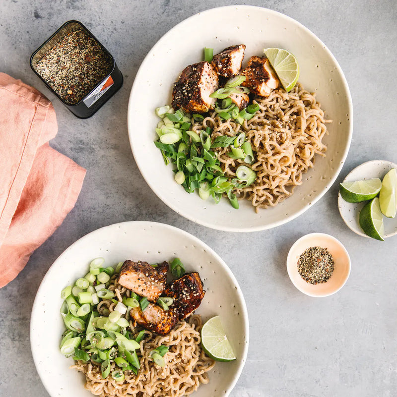 Glazed Salmon with Noodles and Double Garlic Pepper