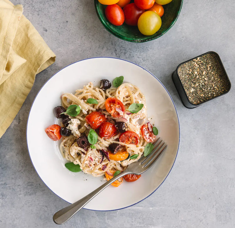 Pasta with Triple Lemon Pepper, Feta, and Cherry Tomatoes